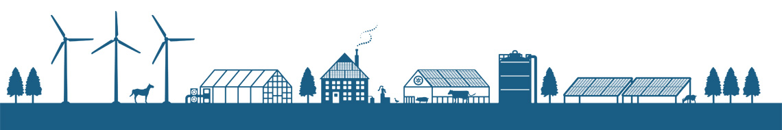 Picture of a Wind Farm, a Greenhouse, a Home, a Water Processing Tower, Two Solar Pannels with Wildlife and Trees